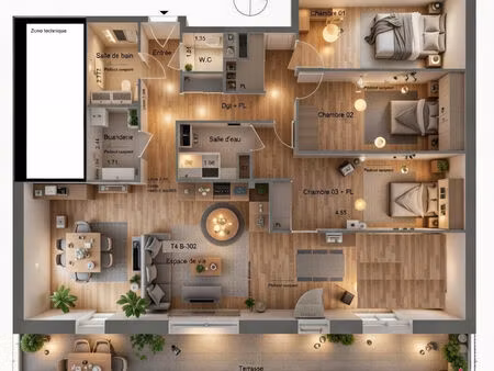 sublime t4 en attique de 107m² habitables + 31m² utiles avec terrasse de 32m² plein sud