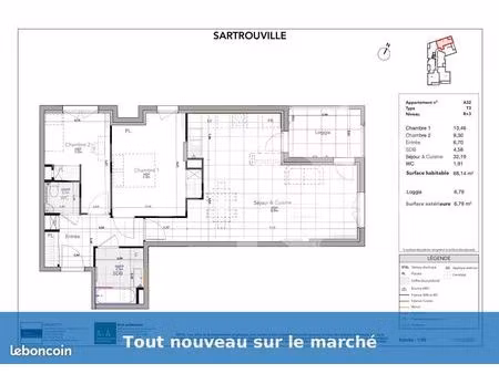 appartement 3 pièces 68 m²