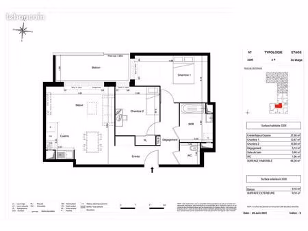 appartement 3 pièces 64 m²