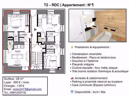 t2-rdc 28 m2 500 + 30 charge - st christophe sur guiers 383380