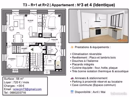 titre : t3 rénové 58 m² – cuisine équipée – climatisation – parking