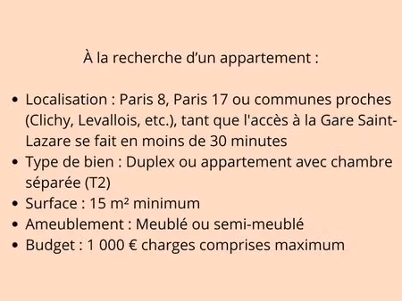recherche appartement/duplex – paris 8e  17e ou proche st-lazare – budget 1000