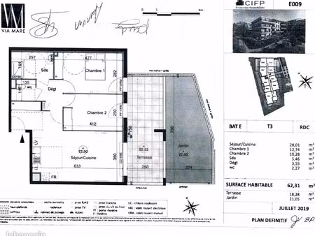 t3 62 m² – terrasse 18 m² + jardin – garage – résidence sécurisée