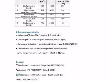 5 terrains de 523 m² à 791 m²