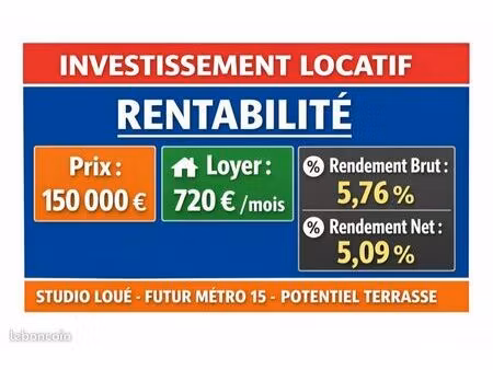 studio investissement 5 7% - vendu loué - futur métro 15 - potentiel terasse