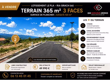 vente terrain 365 m² à ria-sirach (66500)  49 990 €