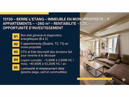 vente immeuble 11 pièces 260 m² à berre-l'etang (13130)  595 000 €