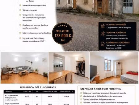 en vente immeuble de rapport – 123 000 € |remoncourt