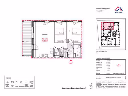vente appartement 3 pièces  75.20m²  puceul