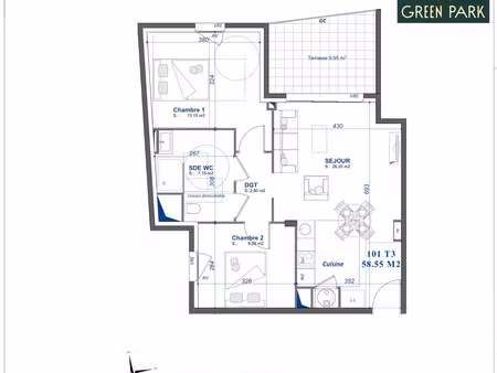 vente appartement 3 pièces 58m2 toulon 83100 - 304000 € - surface privée