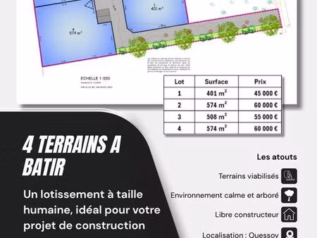 terrains à bâtir viabilisés – quessoy – libre constructeur – 508 m² - 55 000 net vendeur