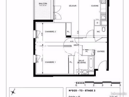 appartement 3 pièces 65 m²