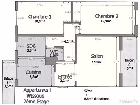 appartement 3 pièces avec balcons  cave et parking - 57m²