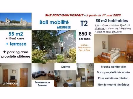 gite 55 m2 meublé - terrasse - pont saint esprit 500 à 850 euros