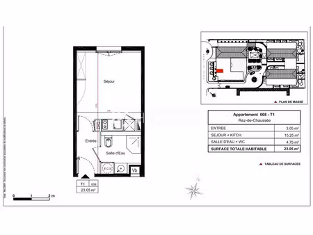 studio meublé de 23m² en rez-de-chaussée