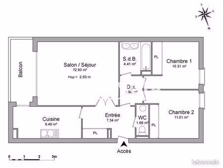 appartement 3 pièces 69 m²