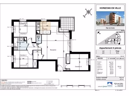 appartement - 3ème étage - 75 20 m2 - 4 pièces - non meublé