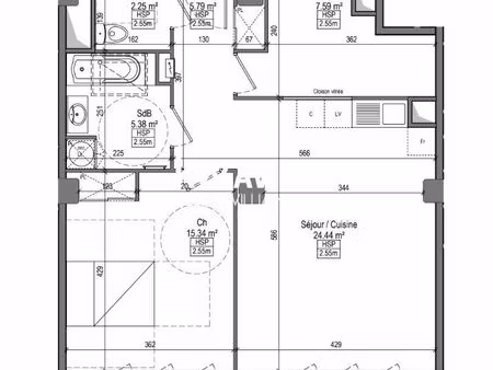appartement 2 pièces 59 m²