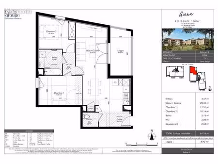 appartement 3 pièces 64 m²