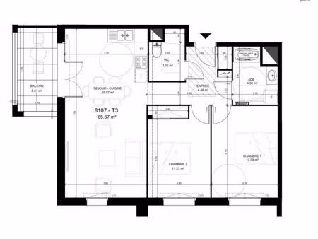 appartement 3 pièces - 66m2 - balcon 7m2