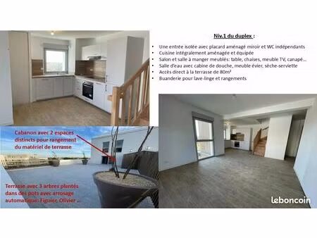 4 pièces 82m2 duplex dernier étage meublé  terrasse 80m2