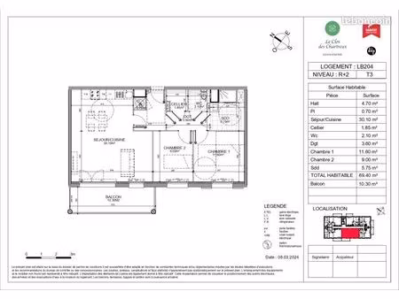 appartement 3 pièces 70 m²