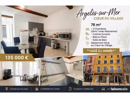argelès-sur-mer – appartement 76 m² loué 750/mois – investissement clé en main – 135 000