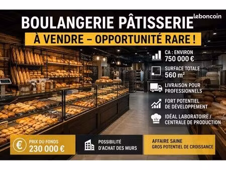 ◊ boulangerie 750k ca – 560m² – gros potentiel – 230k – livraison + labo central