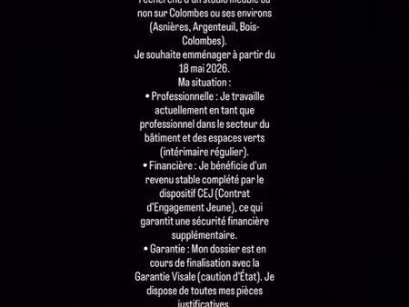 recherche studio – jeune actif sérieux – colombes et environs