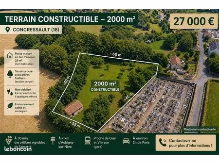? terrain constructible 2000 m² – 27 000 – concressault (18) ◊ à 30 min des célèbres vigno