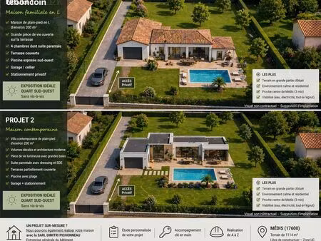 rare à médis – terrain 1114 m² exposé sud-ouest – calme  sans vis-à-vis + projet maison po