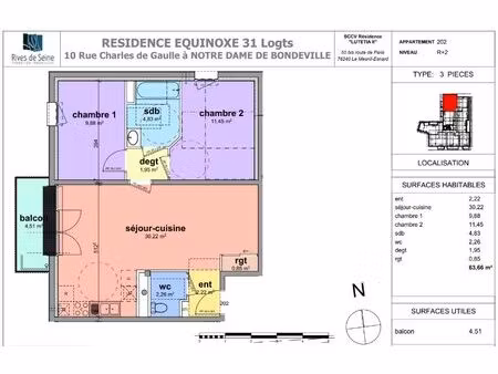 location appartement 3 pièces 64m² notre dame de bondeville 76960