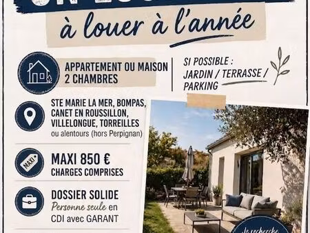 recherche appartement/maison 2 chambres  secteur sainte marie la mer  bompas...sauf perpig