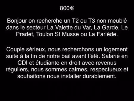 recherche un t2 ou t3 non meublé dans le secteur la valette du var  la garde  le pradet  t