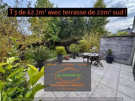pacé  rare  t3 de 62.7 m2 en rez-de-jardin avec terrasse de 22m