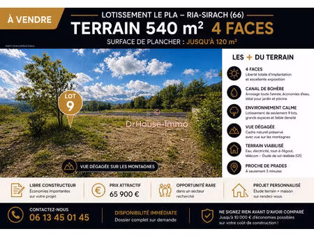 terrain 540m² - 4 faces - libre constructeur - emplacement de standing
