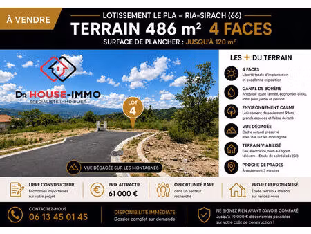 terrain plat 486m². 4 faces cadre privilégié - libre constructeur - canal de bohere