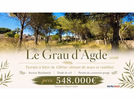 vente terrain 1201 m² à grau d'agde (34300)  548 000 €
