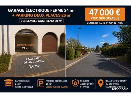 grand garage fermé électrique + 2 places parking à saisir