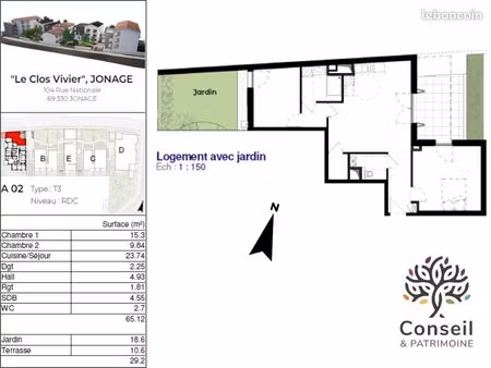 appartement t3 avec terrasse  jardin et garage
