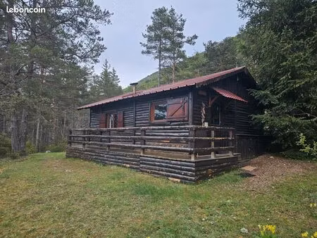 chalet bois au milieu de la foret avec cours d'eau