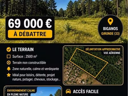 terrain 2500 m² non constructible – biganos (33) – vente possible en partie