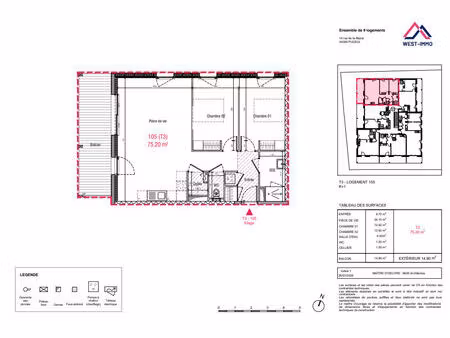 vente appartement 3 pièces  75.20m²  nozay