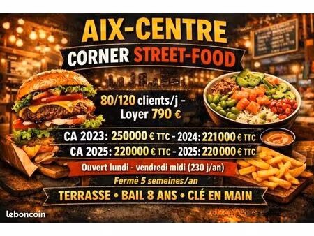aix-centre–corner street-food-restauration rapide 80/120 clients/j – loyer790ouvert lundi–