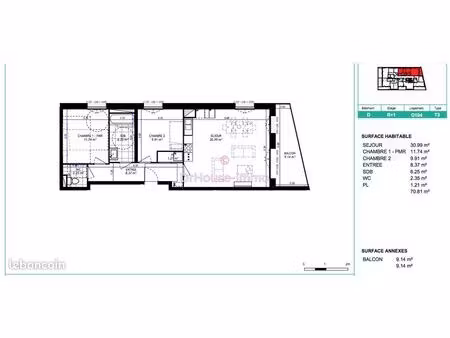 appartement 3 pièces 71 m²