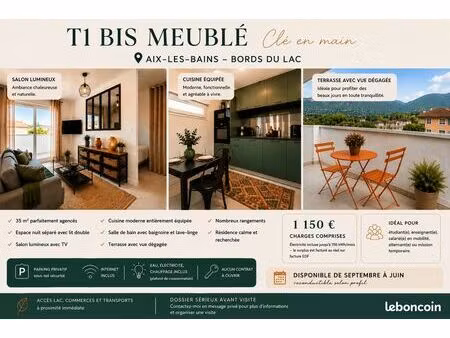 t1 bis meublé premium – terrasse  parking privé & charges incluses