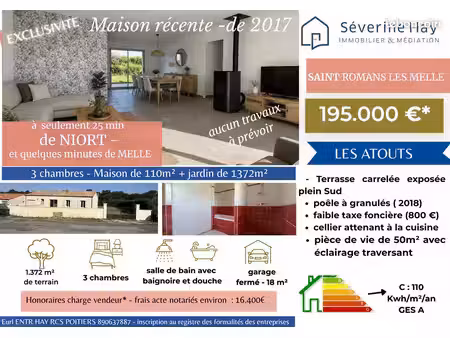 maison récente 2017 - 110 m² - aucun travaux - 3 chambres - melle