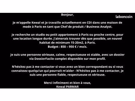 locataire sérieux en cdi cherche – budget 850-900 - appartement/studio à paris