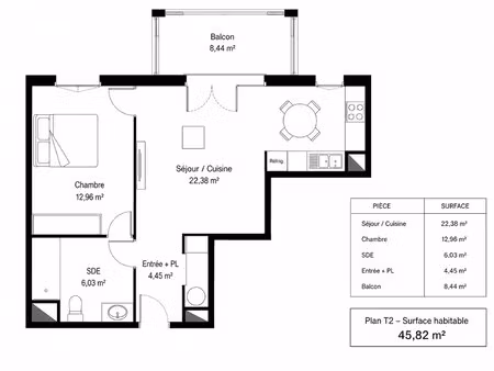 appartement - 2 pièces - 45 82 m²