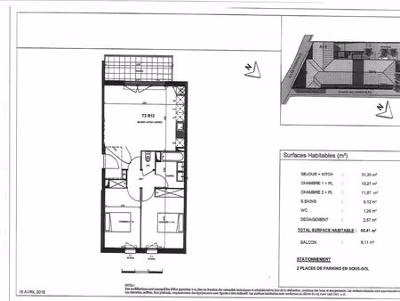 t3 avec balcon + 2 parkings seilh